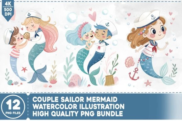 Couple Sailor Mermaid Watercolor Bundle