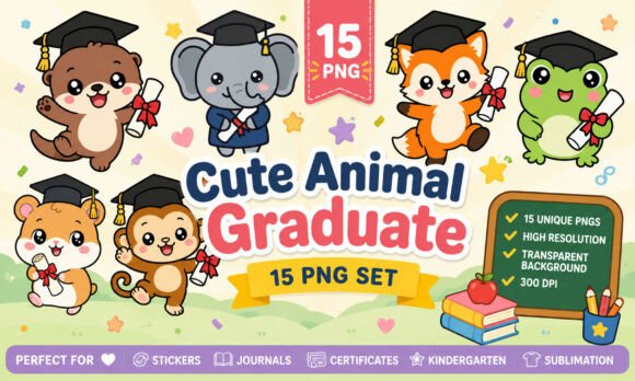 Cute Animal Graduate PNG Clipart Bundle