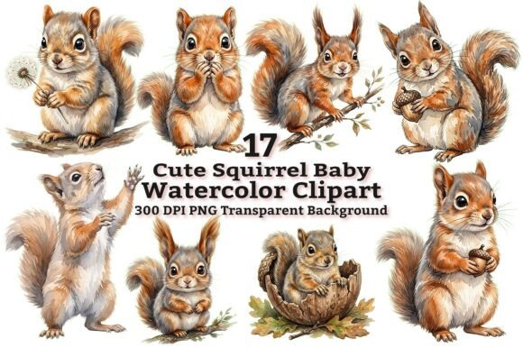 Cute Baby Squirrel Watercolor Clipart