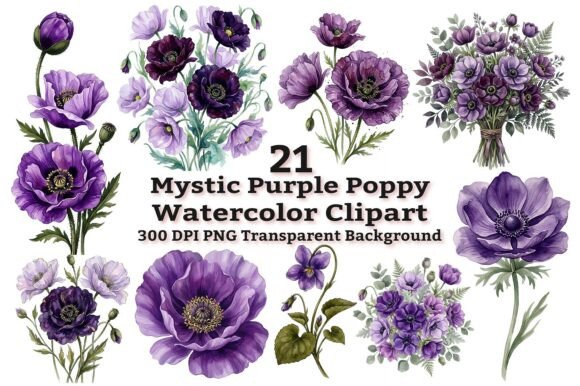 Mystic Purple Poppy Watercolor Clipart: Elevating Digital Design with Enchanted Florals