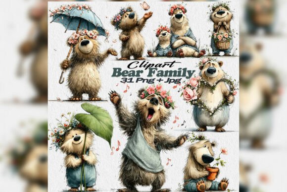 Watercolor Forest Bear Family Clipart