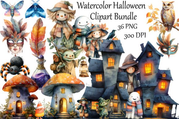 Watercolor Halloween Clipart Bundle