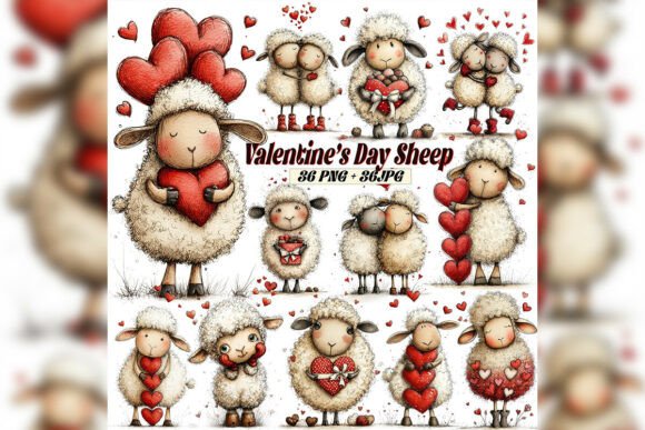 Whimsical Valentine Sheep Clipart Set