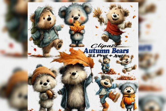 Whimsical Watercolor Autumn Bear Clipart